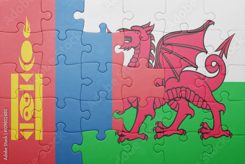 puzzle with the national flag of wales and mongolia