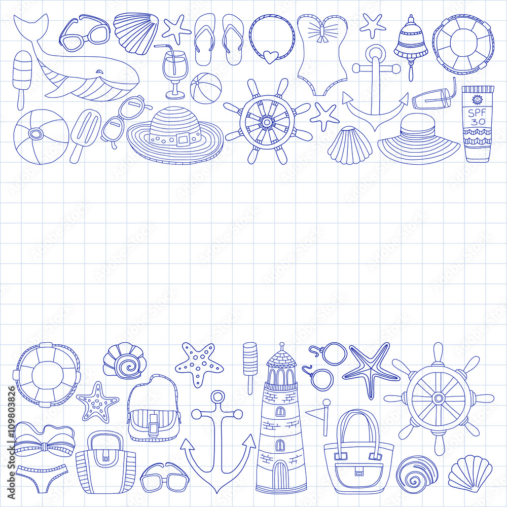 Big set with doodle images about beach fashion and travel Big set with doodle images about beach fashion and travel