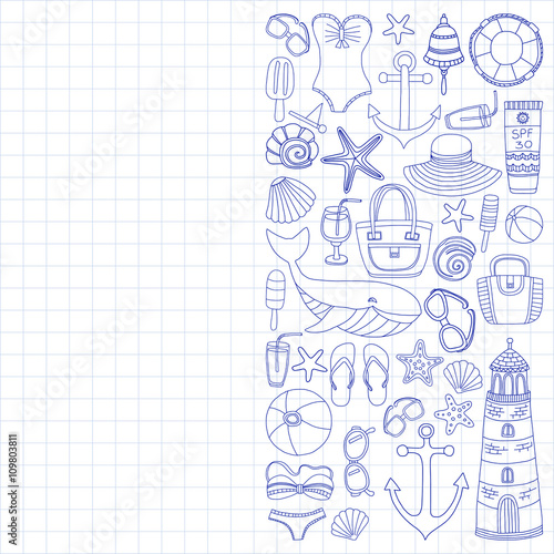 Big set with doodle images about beach fashion and travel