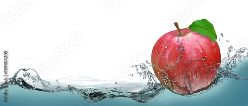 Red, juicy apple as a card on the water background.