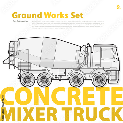 Concrete mixer truck. Outline typography set with mix. Construction machinery vehicle. Transportation of concrete. Construction equipment for building. Ground works catalog typography page set.