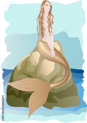 Beautiful mermaid sitting on rock by the sea - vector