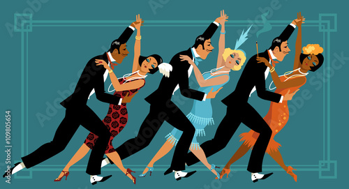 Group of people dressed in retro fashion dancing, EPS 8 vector illustration