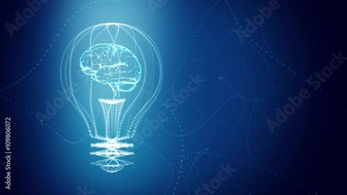 Bulb with the brain inside concept design, blue abstract background. digital animation. Seamless loop, repeat from second 4.