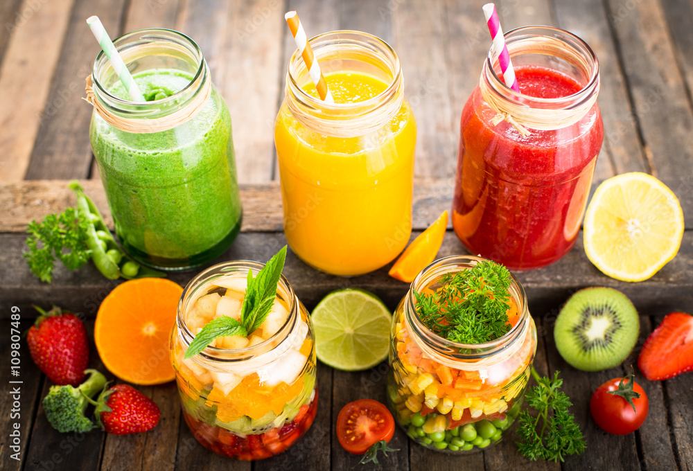 Healthy fruit and vegetable salad and smoothies in the jar Healthy fruit and vegetable salad and smoothies in the jar