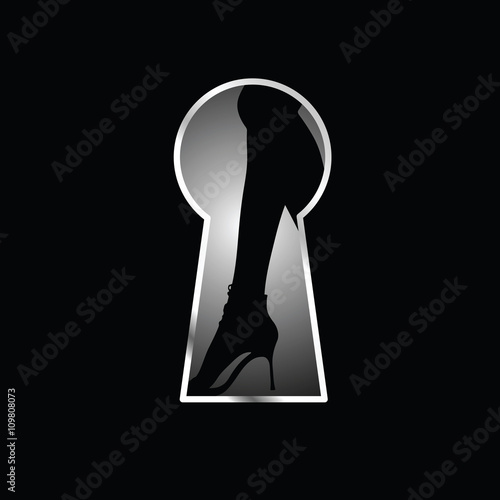 woman legs behind keyhole black illustration