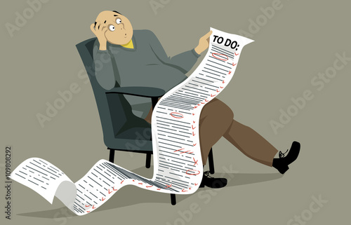 Overwhelmed man sitting on a chair, holding a comically long to do list. EPS 8 vector illustration, no transparencies
