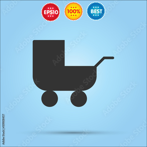 Pram vector icon isolated on blue background