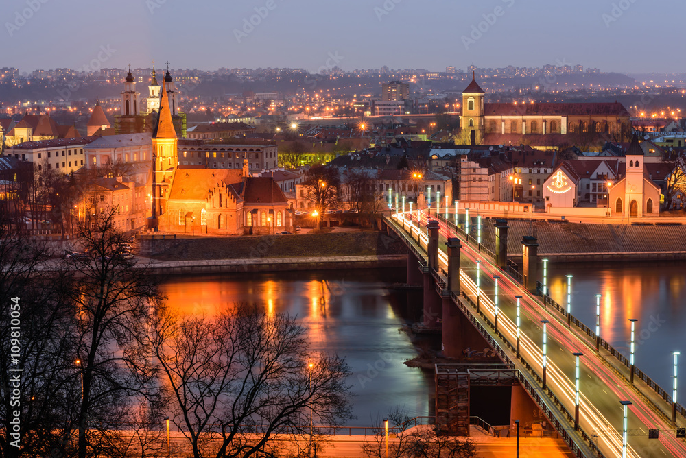 Night panorama of the river and Kaunas from Aleksotas hill, Kaunas, Lithuania.