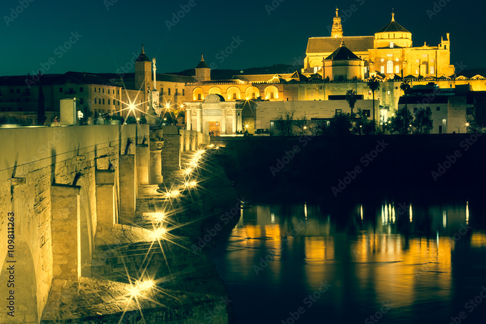 Night view of Mezquita-Catedral and Puente Romano - Mosque-Cathe