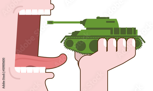 Man eating tank. Destruction of military transport. Open mouth w