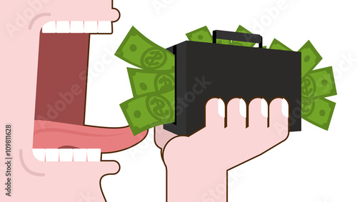 Man eating money. Destruction of suitcase with cash. Open mouth