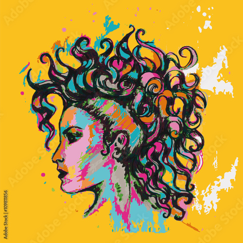 Colorful poster. Hairstyle. Girl with curls.