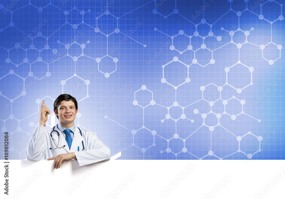Doctor with banner Doctor with banner