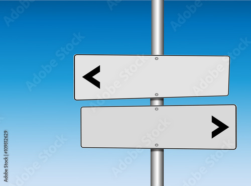 Two Panel White Directional Road Signs pointing at opposite directions