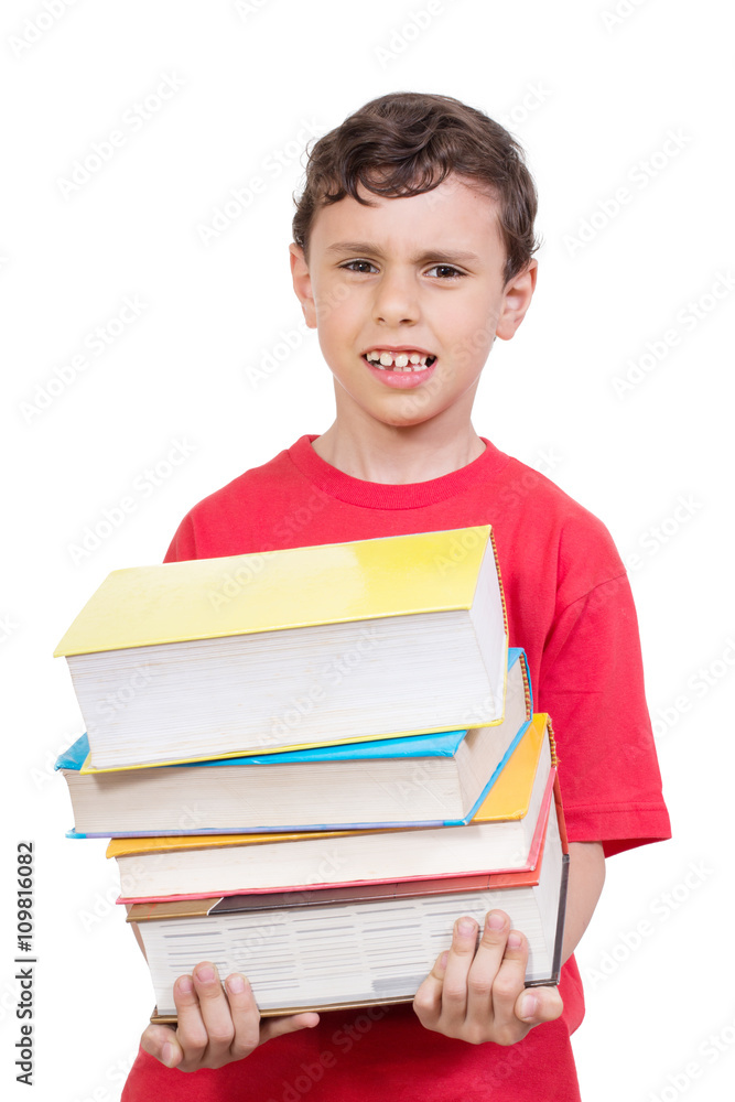 Education Concept - Young boy feeling tired from carrying many books - Isolated on the White Background
Education Concept - Young boy feeling tired from carrying many books - Isolated on the White Background