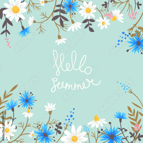 Hello summer. vector background with hand drawn meadow flowers