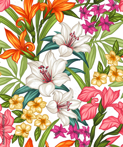 Seamless exotic pattern with tropical leaves and flowers. Blooming jungle. Vector illustration.
