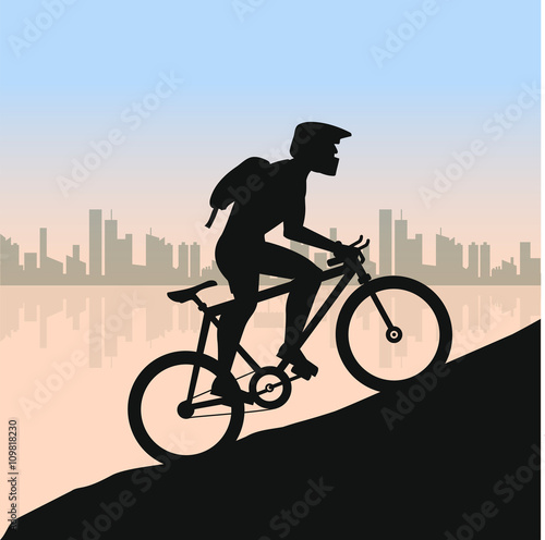 Cyclist in rough road against city landscape. Bicycle racing go to the mountain. Vector flat design. bicyclist silhouette.