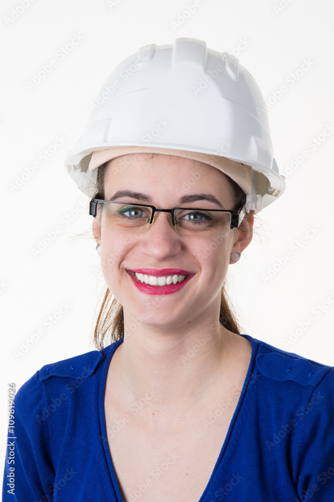 Smiling happy female architect isolated on white background