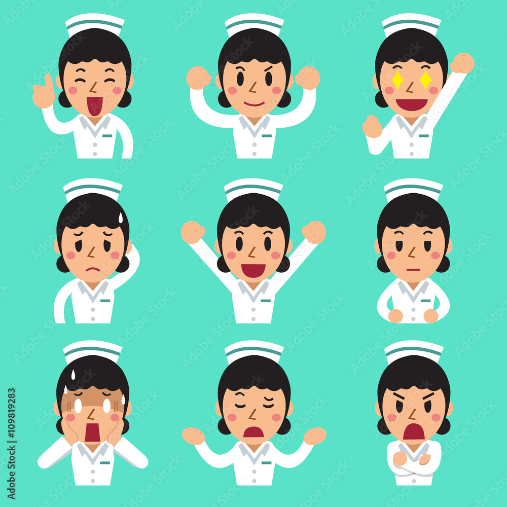 Cartoon female nurse faces showing different emotions