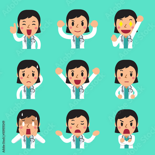 Cartoon female doctor faces showing different emotions
