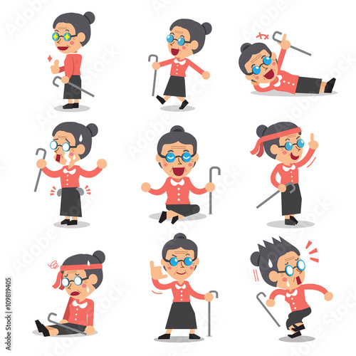 Cartoon senior woman character poses