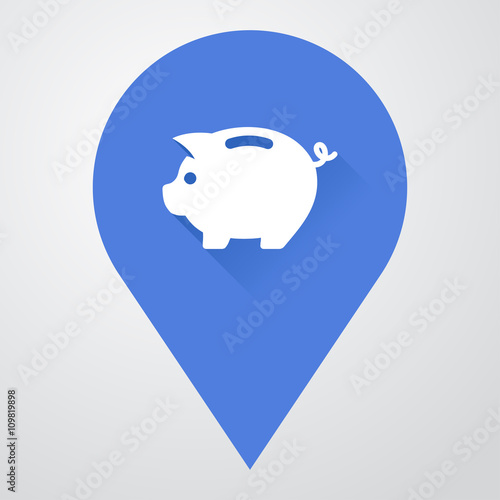 Icono plano localizacion con hucha de cerdo con sombra