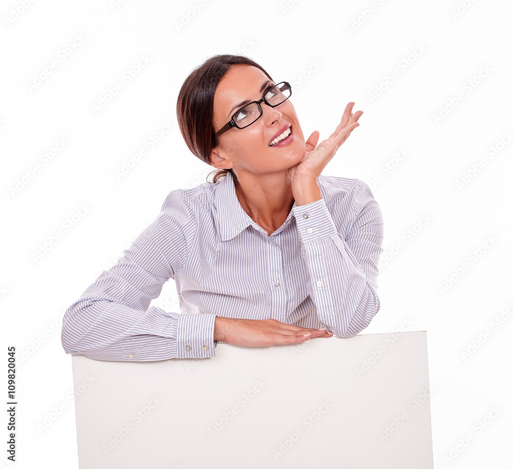 Happy smiling brunette businesswoman looking away Happy smiling brunette businesswoman looking away