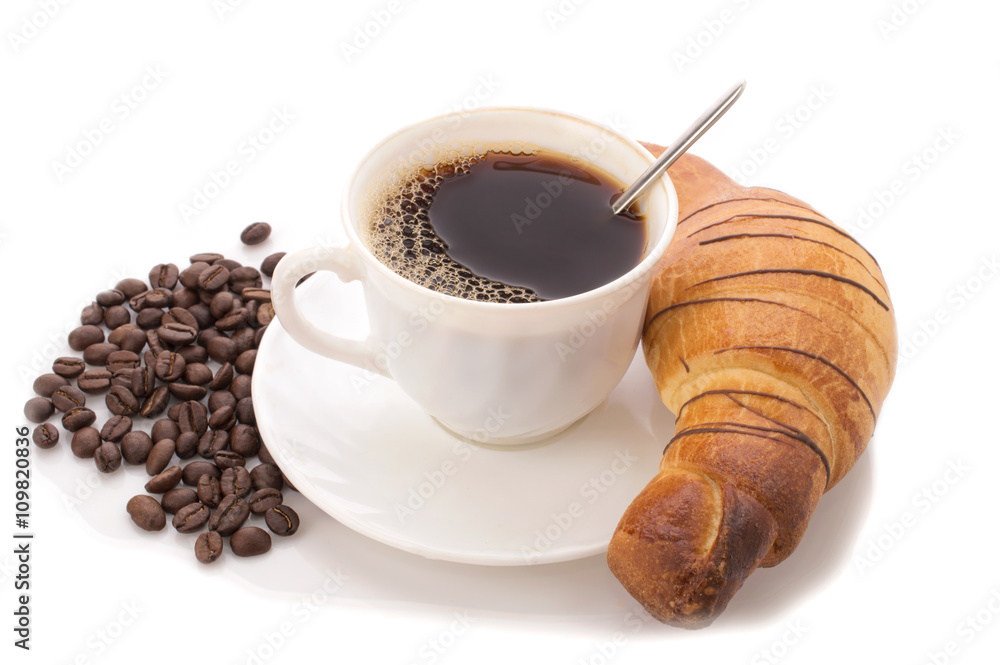 cup of coffee with croissant on white background cup of coffee with croissant on white background