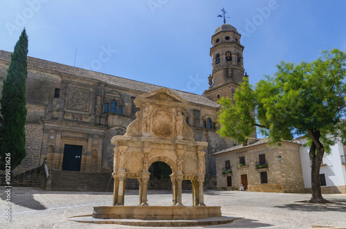 Cathedral and fountain in baeza photo