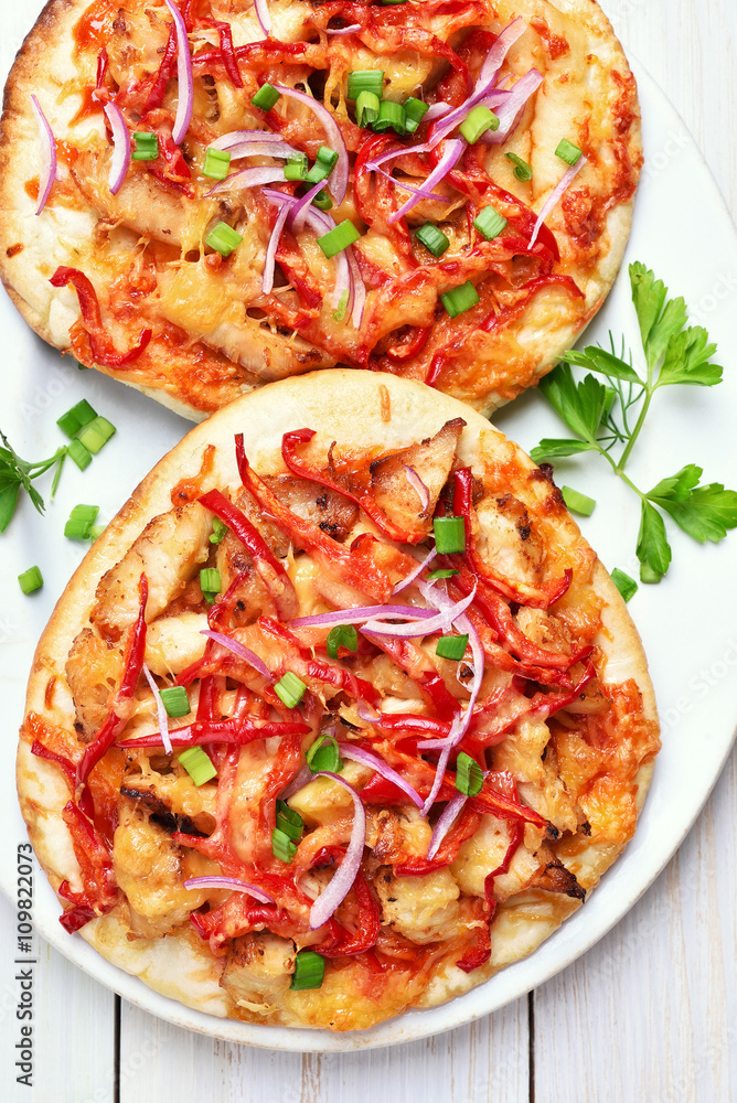 Pizza with chicken meat and vegetables Pizza with chicken meat and vegetables