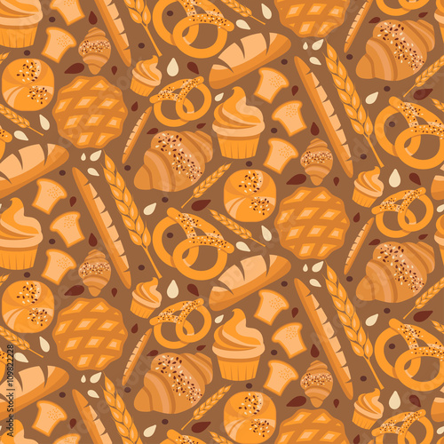 Seamless pattern for bakery theme with bread,loaf, croissant, cu