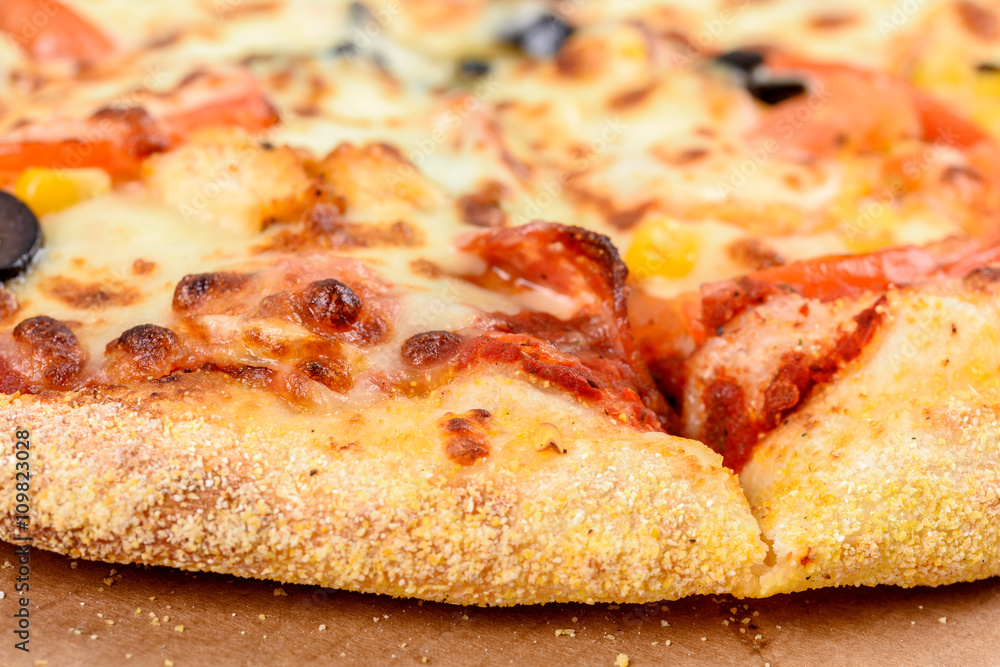 Italian Pizza With Mozzarella, Prosciutto, Tomatoes And Olives Italian Pizza With Mozzarella, Prosciutto, Tomatoes And Olives