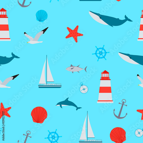 Seamless pattern Sea. Ship, anchor and fish. Vector illustration © Marharyta Pavliuk
