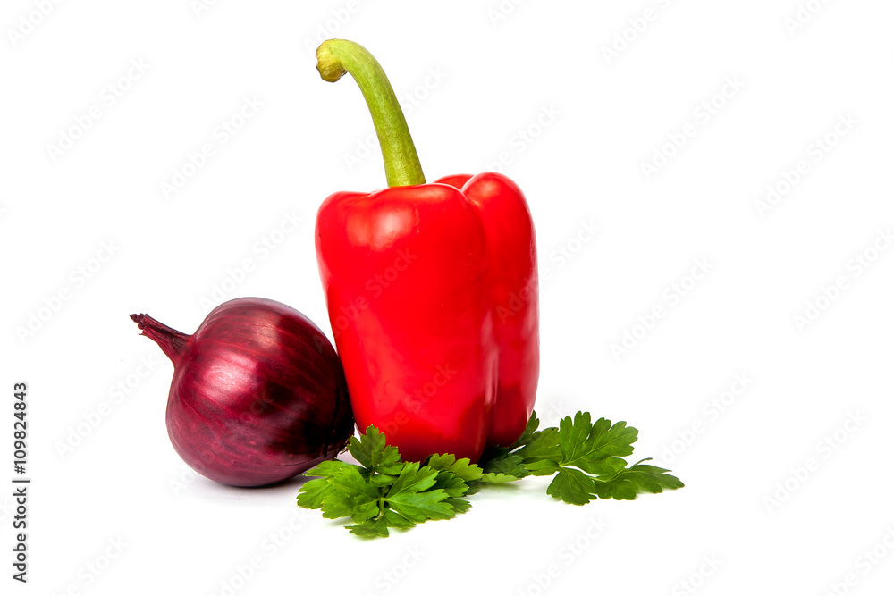 onion with peppercorn and parsley isolated on white background onion with peppercorn and parsley isolated on white background