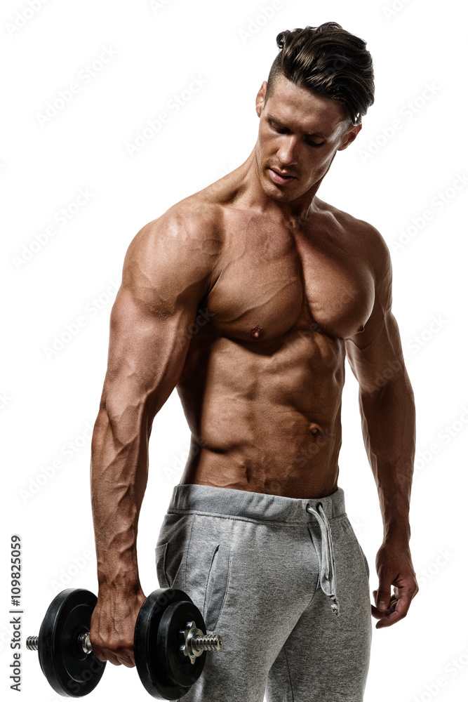 young handsome bodybuilder shirtless sports pants holding a dumb Stock ...