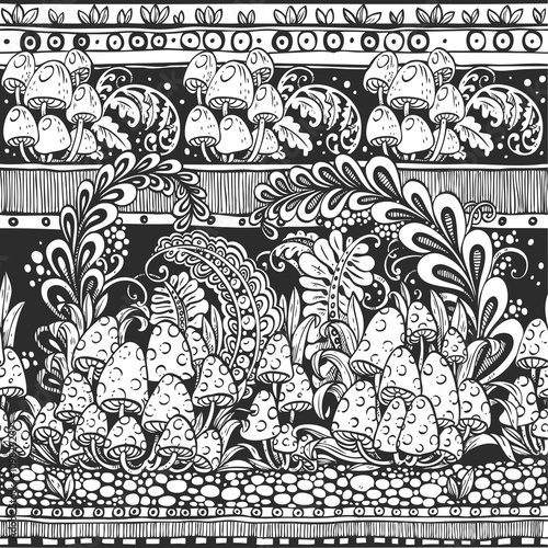 Seamless pattern from a doodle mushrooms and leaves black and wh