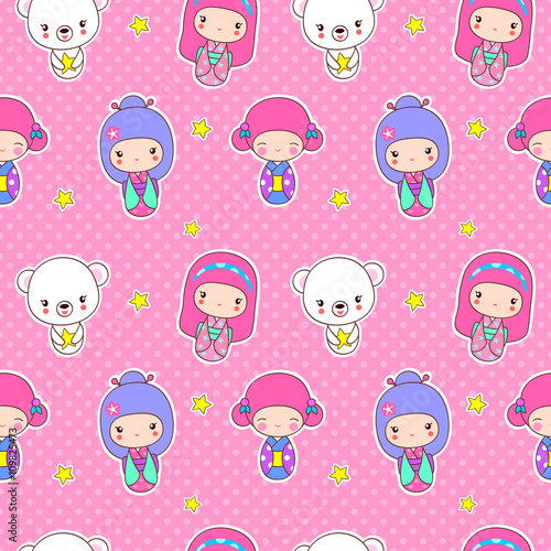 Cute seamless pattern with kokeshi girls, bears, stars. Vector childish background for girl.
