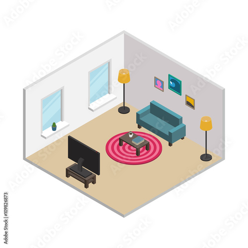 Isometric living room with white walls, windows and furnishings: green sofa, round carpet, floor lamps, TV, coffee table, pictures in frames. All objects are movable and separated. Vector illustration