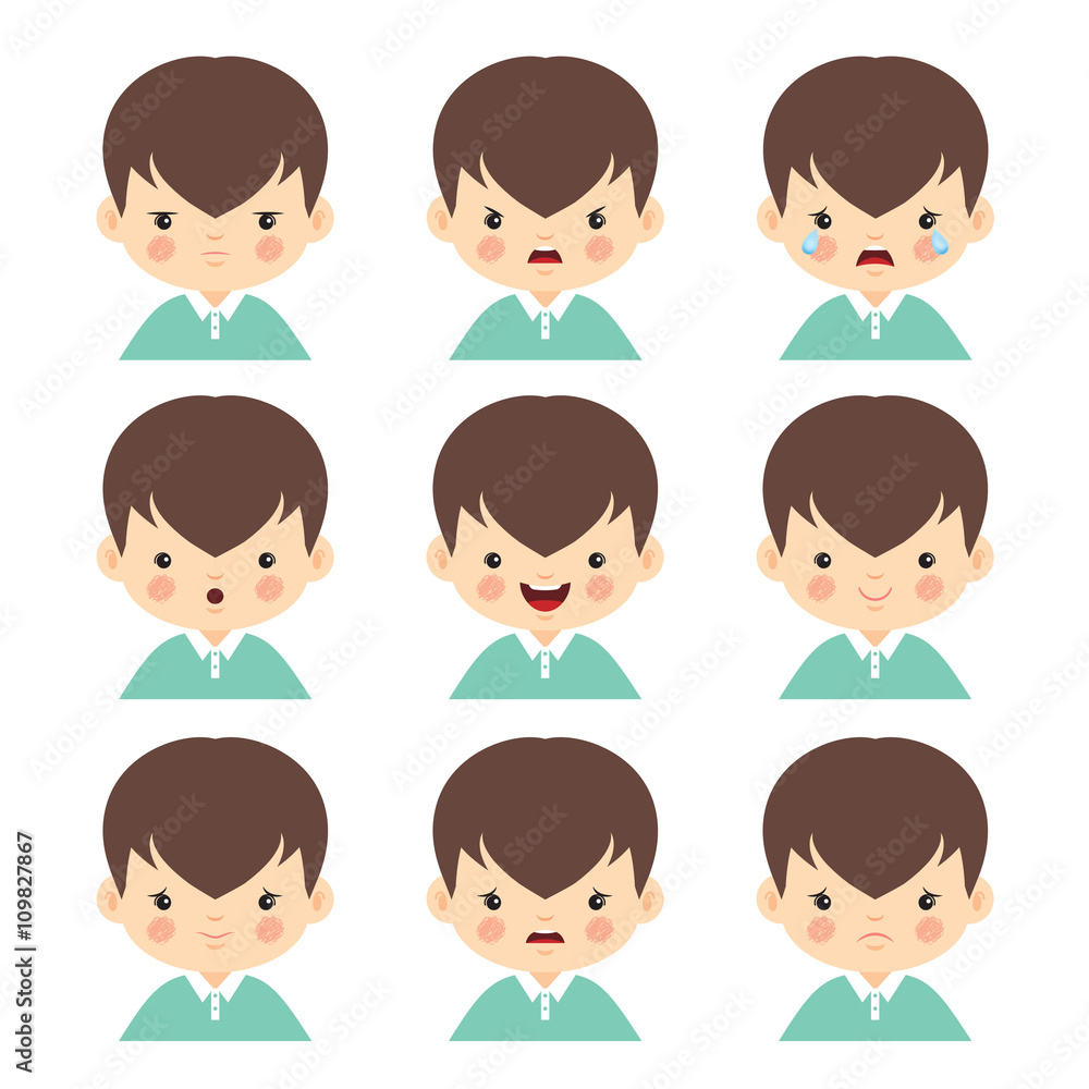 Set of little boy with different emotions isolated on white background. Face expression vector illustration. Set of little boy with different emotions isolated on white background. Face expression vector illustration.