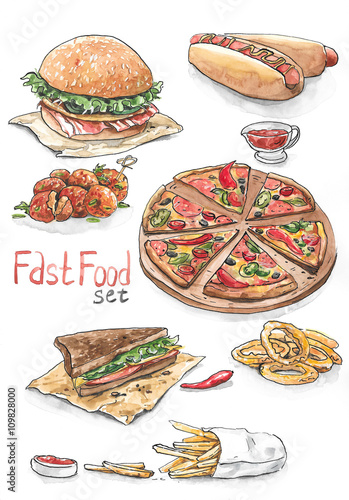 Fast food set - pizza, hot dog, burger