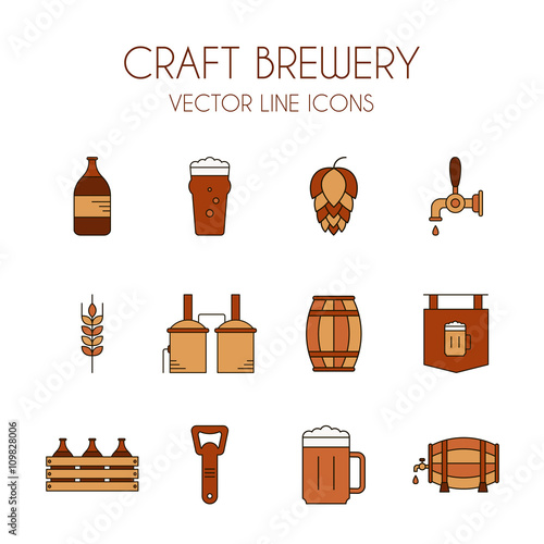 Craft beer and brewery vector line icon set in brown and orange colors isolated on white background: beer bottle, distillery, beer opener, barrel, beer tap, glass, hop, malt, beer sign, pint etc.
