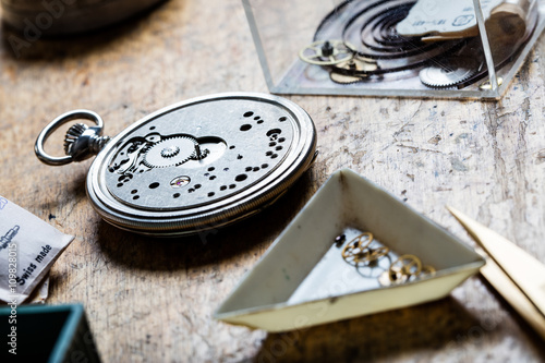 closeup of pocket watch mechanism and clockworks photo