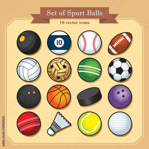 Set of 16 isolated sport ball icons / Sport vector illustration. 
