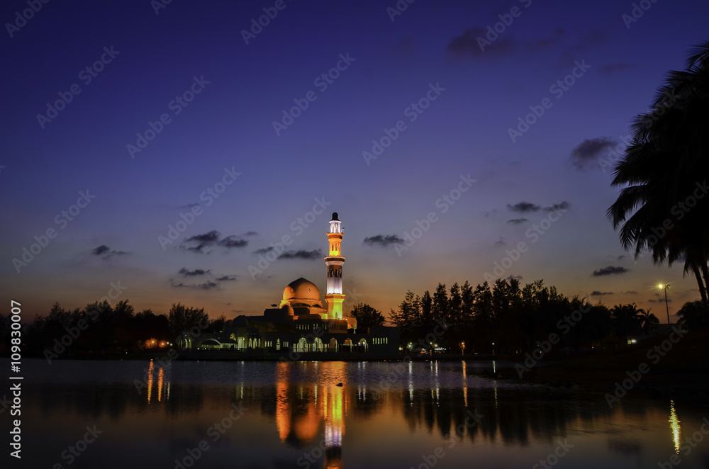 silhouette image of iconic floating mosque in Terengganu, Malaysia.