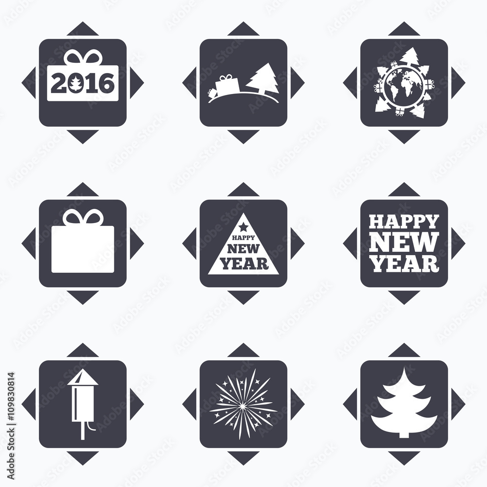 Christmas, new year icons. Gift box, fireworks. Christmas, new year icons. Gift box, fireworks.