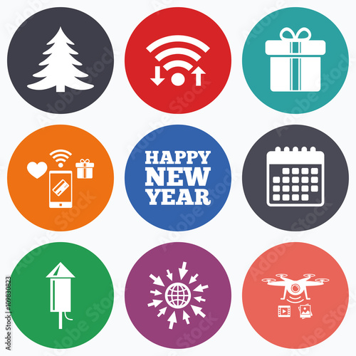 Happy new year sign. Christmas tree and gift box