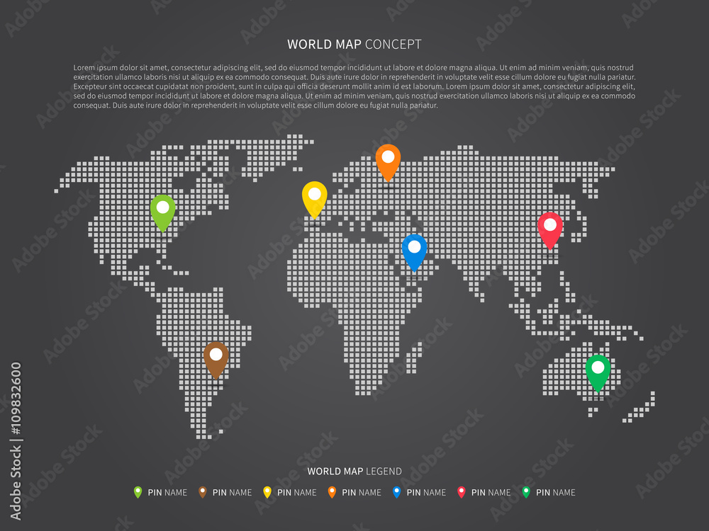 World map infographic with colorful pointers vector illustration. Modern world map with pins graphic design. International world map layout. Global map creative concept.

