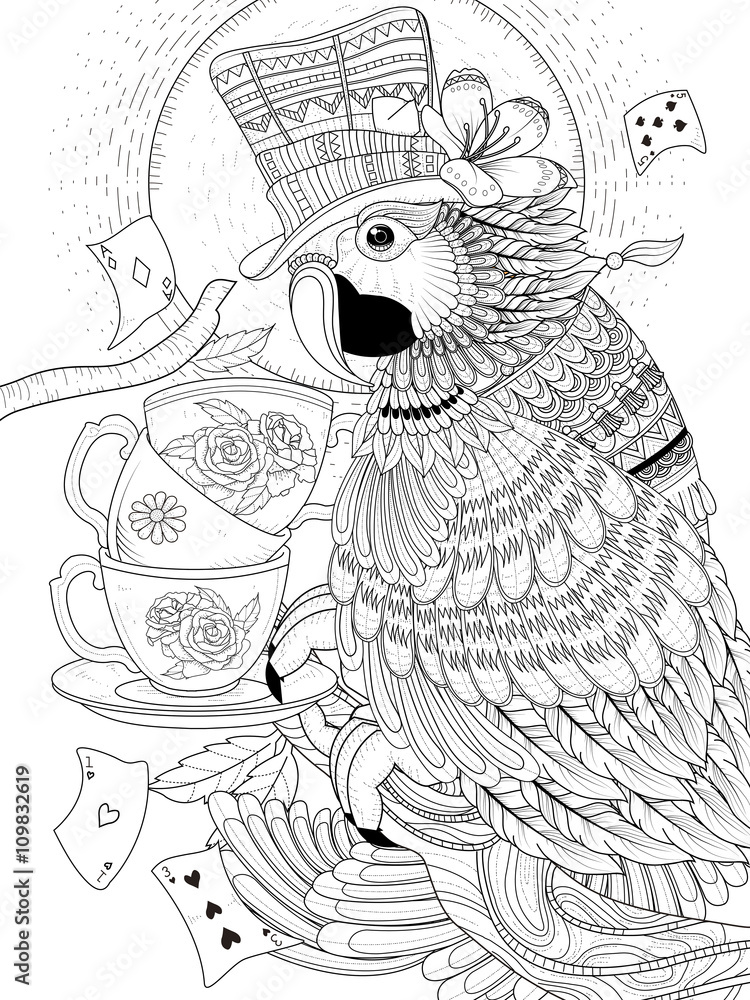 Fototapeta premium magician parrot adult coloring page